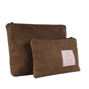 Pochette zippée en toile cirée beige pour homme, pochette de voyage résistante à l'eau, grande trousse de toilette pour homme, étui à gadget zippé en coton ciré pour lui