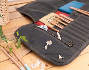 Large waxed canvas artist roll with zipper pocket, Fabric pencil roll up case for artists
