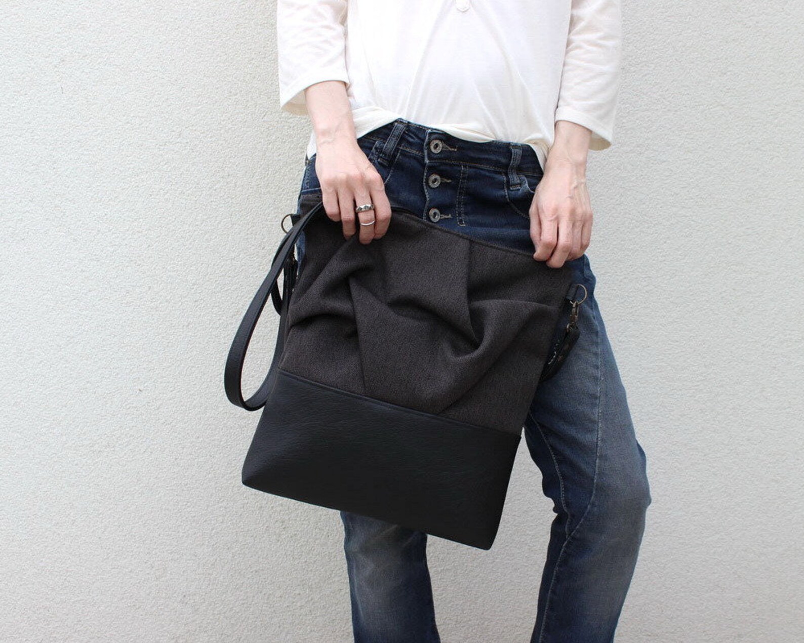 Black Edgy Crossbody Bag With Vegan Leather Accents Etsy