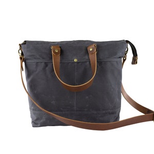 Gray waxed canvas crossbody bag with pockets, Minimalist travel cross body bag, Water resistant everyday bag, Heavy duty day handbag