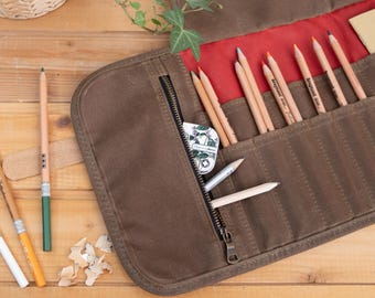 Waxed canvas pencil roll up case with zipper pocket, Fabric pen holder for artists