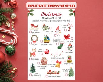 Printable Christmas scavenger hunt for kids, Outdoor Xmas treasure hunt, Instant download PDF