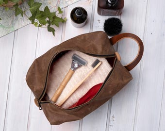 Extra large waxed canvas dopp kit for men, Water resistant mens toiletry bag for travel