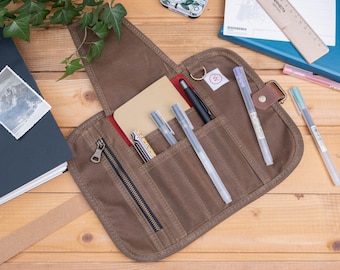 Mini waxed canvas pen roll with a zipper pocket, Journaling pen case for A6 pocketbook