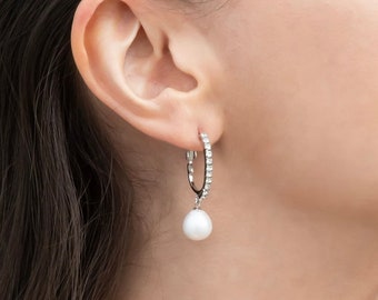 Sterling Silver Genuine Freshwater Pearl Drop Cubic Zirconia Hoop Earring, Beautiful Cultured Pearl, Lever Back Hinged Closure