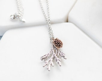 Cedar Sterling Silver Necklace, Branch Necklace,  Juniper Pendant, Silver Cedar Leaf Pendant and Rose Gold Pinecone, Nature Jewelry