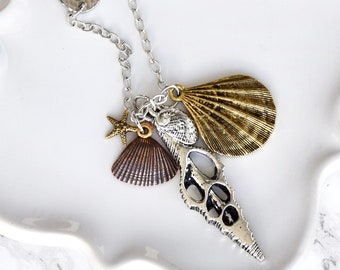 Long Beach Charm Boho Necklace, Mixed Metals Charm Necklace, Sea Shell Necklace, Pendant Necklace With Charms