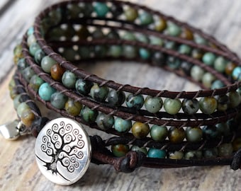 African Turquoise Wrap Bracelet, Beaded Wrap Bracelet, Boho Wrap Bracelet, Bracelet Wrap, Leather Wrap