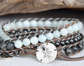 Aquamarine Wrap Bracelet For Women, Beaded Leather Wrap Bracelet, Aquamarine, Larvikite, and Hematite