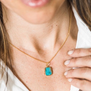 Genuine Turquoise Slice Pendant Necklace, Dainty Turquoise and Gold Necklace Gift For Women, Turquoise Necklace For Her image 1