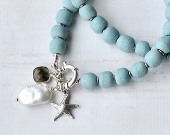 Boho Turquoise Statement Necklace, Beach-y Pearl + Starfish Charm Necklace, Recycled African Glass Beads, Sterling Silver Sailor Clasp