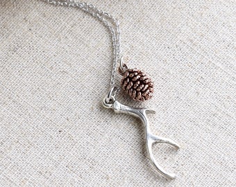 Dainty Antler Necklace, Branch Necklace, Small Silver Antler Necklace, Sweet Rose Gold Pinecone, Woodland Necklace