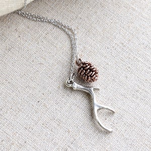Dainty Antler Necklace, Branch Necklace, Small Silver Antler Necklace, Sweet Rose Gold Pinecone, Woodland Necklace image 1