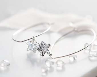 Silver Star Dangle Earrings, Star Drop Earrings, Sparkly Crystal Star Drop Earrings, Cubic Zirconia Dangle Earrings, Crystal Hoop Earrings