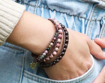 Garnet, Pink Rhodonite, and Pink Tourmaline Beaded Wrap Bracelet, Leather Gemstone Boho Bracelet For Women, Bluefish Bohemian Wrap Bracelet