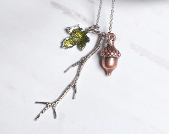 Branch Acorn and Leaf Necklace, Fall Winter Necklace, Woodland Jewelry, Mixed Metals, Silver Twig Necklace For Women