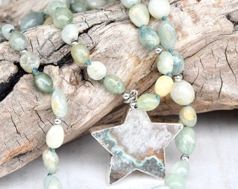 Beautiful Aquamarine Beaded Necklace, Long Hand Knotted Aquamarine Necklace, Beach Jewelry, One of a Kind Gift For Women, March Birthstone