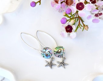 Silver Starfish Earrings, Beach Earrings, Shell Earrings, Abalone Shell Earrings, Starfish Drop Earrings For Women