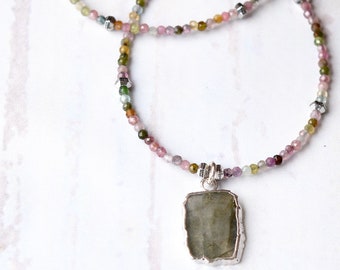 Tourmaline Necklace, Dainty Beaded Necklace, For Women, Beaded Pendant Labradorite Necklace, Beaded Gemstone Necklace