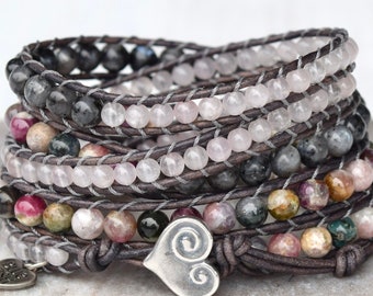 Wrap Bracelet, Watermelon Tourmaline and Rose Quartz Gemstone 5x Statement Bracelet For Women