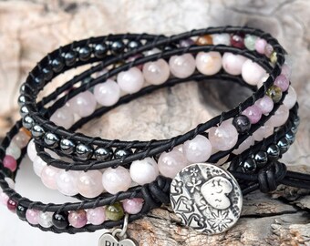 Rose Quartz, Tourmaline, and Hematite Beaded Leather Wrap Bracelet For Women