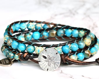 Turquoise Jasper Wrap Bracelet, Beaded Boho Wrap Bracelet, Beaded Leather Bracelet Wrap