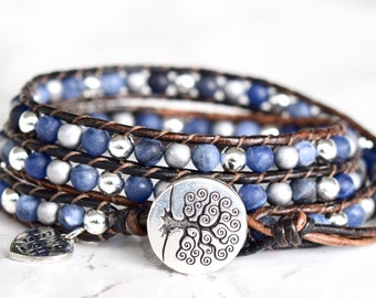 Blue Sodalite and Hematite Wrap Bracelet, Handmade Leather Beaded Bracelet Wrap For Her, Boho Bracelet With Tree of Life Button