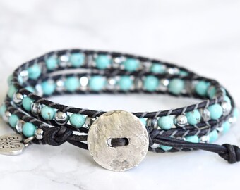Tea language Leather Wrap Bracelet Boho wrap Bracelet Leather Bracelet Turquoises Natural Stone Jewelry