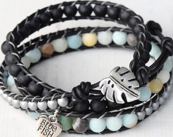 Amazonite, Black Onyx, and Silver Hematite Boho Leather Wrap Bracelet For Her