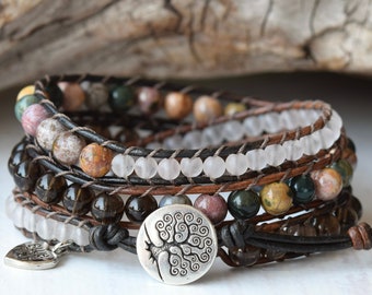 Mixed Gemstones Wrap Bracelet For Women, Ocean Jasper, Smoky Quartz, and Rose Quartz Beaded Leather Bracelet