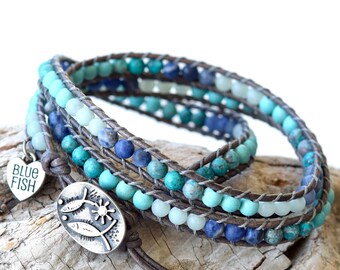 Blue Ombre Wrap Bracelet, Wrap Bracelet For Women, Beaded Blue Boho Bracelet, Wrapped Leather Bracelet