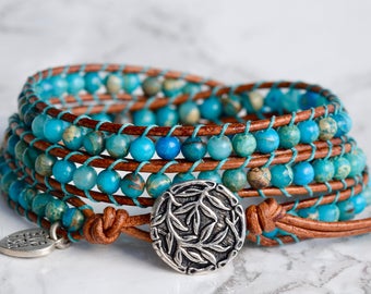 Turquoise Wrap Bracelet, Jasper Turquoise With Brown Leather, Beaded Leather 3 Wrap, Wrap Bracelet, Bracelet Wrap, Leather Wrap Bracelet