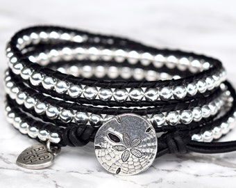 Silver Wrap Bracelet, Wrap Bracelet, Sand Dollar Bracelet, Beaded Wrap Bracelet, Wrap Bracelets, Leather Wrap Bracelet, 3x Wrap