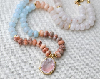 Peach & Blue Bead Gemstone Candy Necklace, Hand Knotted Necklace, One of a Kind Statement Piece With Dainty Sparkly Geode Pendant