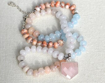 Rose Quartz, Pink, Peach, & Blue Bead Gemstone Candy Necklace, Hand Knotted Necklace, One of a Kind Statement Piece With Rose Quartz Shield