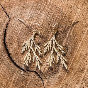 Cedar Branch Earrings, Gold Cedar Earrings, Woodland Earrings, Gold Branch Earrings, Gold Cedar Branch Earrings, Gold Filled Ear Wires