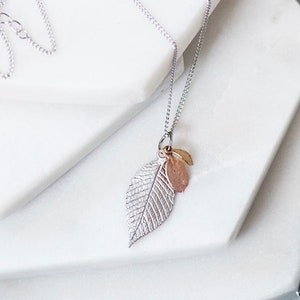 Dainty Mixed Leaves Necklace, Leaf Charm Necklace, Tiny Leaves Necklace in Mixed Metals, Leaf Necklace For Her