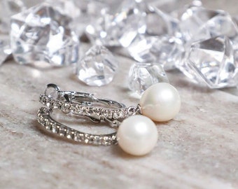 Classic Pearl Hoop Earrings, Gorgeous Lustre High Quality Freshwater Pearls, Sparkly Cubic Zirconia Hoops, Sterling Silver Post