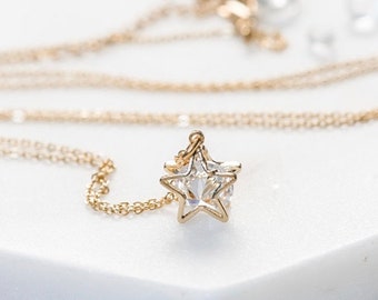 Dainty Sparkly Star Necklace, Gold Star Necklace, Star Pendant, Sparkly Cubic Zirconia Star Pendant For Her