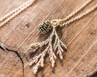 Gold Cedar Necklace, Woodland Necklace, Juniper Pendant, Gold Cedar Leaf Branch Pendant and Gold Pinecone, Nature Jewelry
