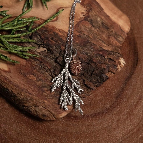 Cedar Sterling Silver Necklace, Woodland Necklace, Juniper Pendant, Silver Cedar Branch and Rose Gold Pinecone, Nature Jewelry