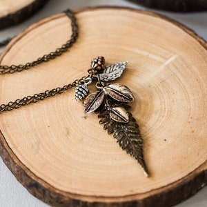 Forest Necklace, Fern Necklace, Mixed Leaves Necklace, Leaves Jewelry, Long Layering Mixed Metals Pendant Necklace For Her