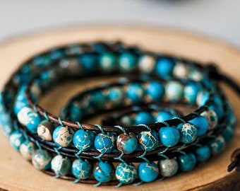 Turquoise Beaded Boho Wrap Bracelet, Wrap Bracelet For Women, Leather Wrapped Bracelet