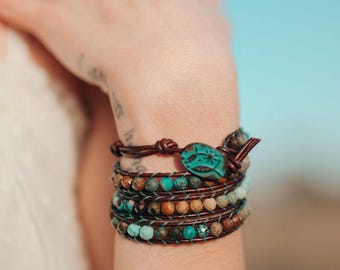 Genuine Turquoise Boho Beaded Leather Wrap Bracelet For Women, Real Turquoise Stone Bracelet, Handmade Wrap Bracelet Limited Edition