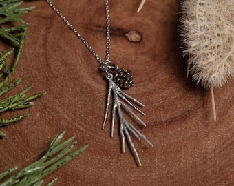Twig and Pinecone Wintery Woodland Necklace For Women, Silver Pine Needle and Pinecone Necklace, Nature Lover Necklace