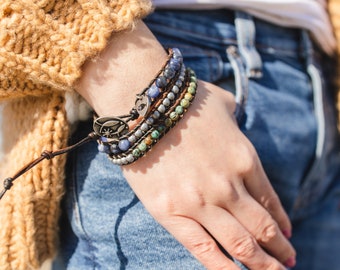 Funky Boho Wrap Bracelet, African Turquoise, Blue Sodalite, and Hematite Beaded Leather Wrap Bracelet For Women, Handmade Bracelet