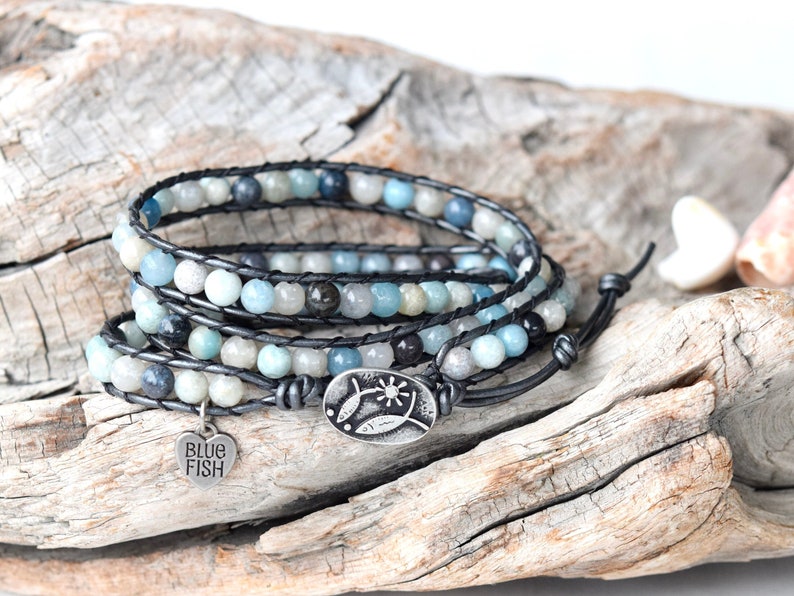 Beaded Wrap Bracelet For Women, Sea Blue Troilite Gemstone Bracelet, Beach Jewelry, Boho Leather Bracelet For Her image 1
