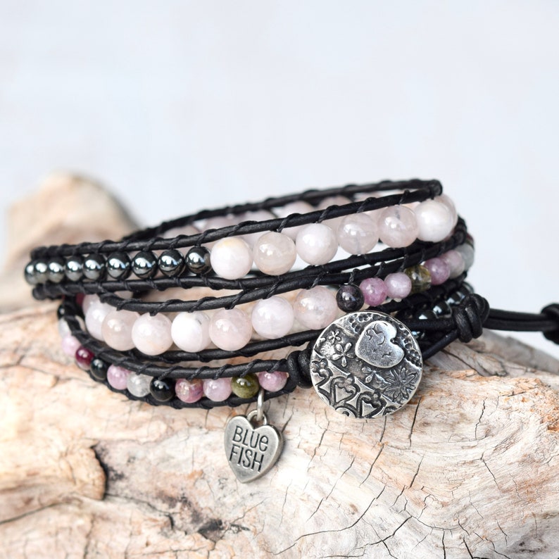 Rose Quartz, Tourmaline, and Hematite Beaded Leather Wrap Bracelet For Women image 6