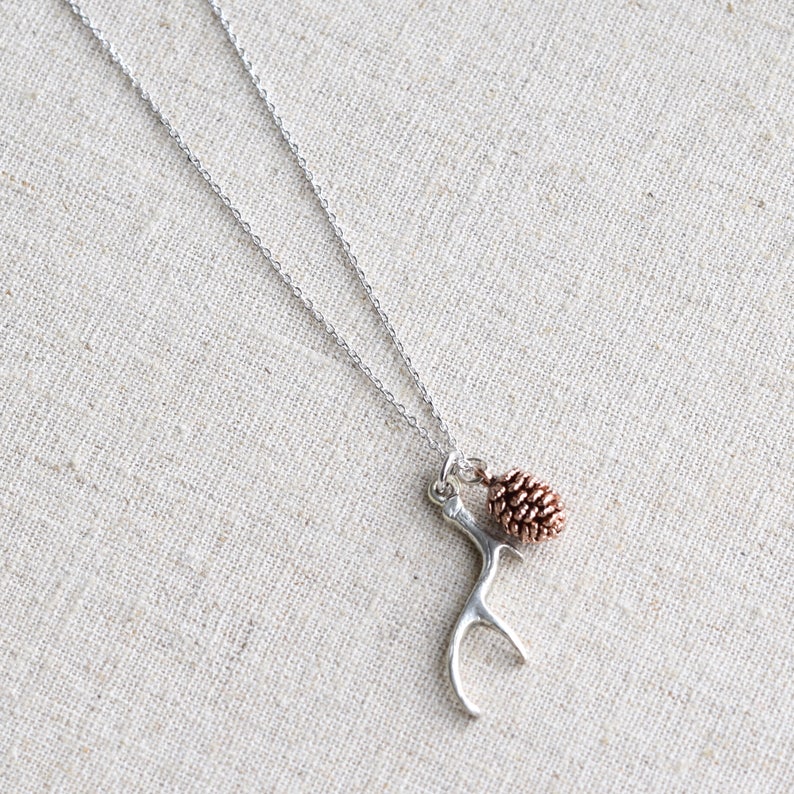 Dainty Antler Necklace, Branch Necklace, Small Silver Antler Necklace, Sweet Rose Gold Pinecone, Woodland Necklace image 5