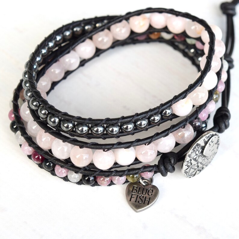 Rose Quartz, Tourmaline, and Hematite Beaded Leather Wrap Bracelet For Women image 4